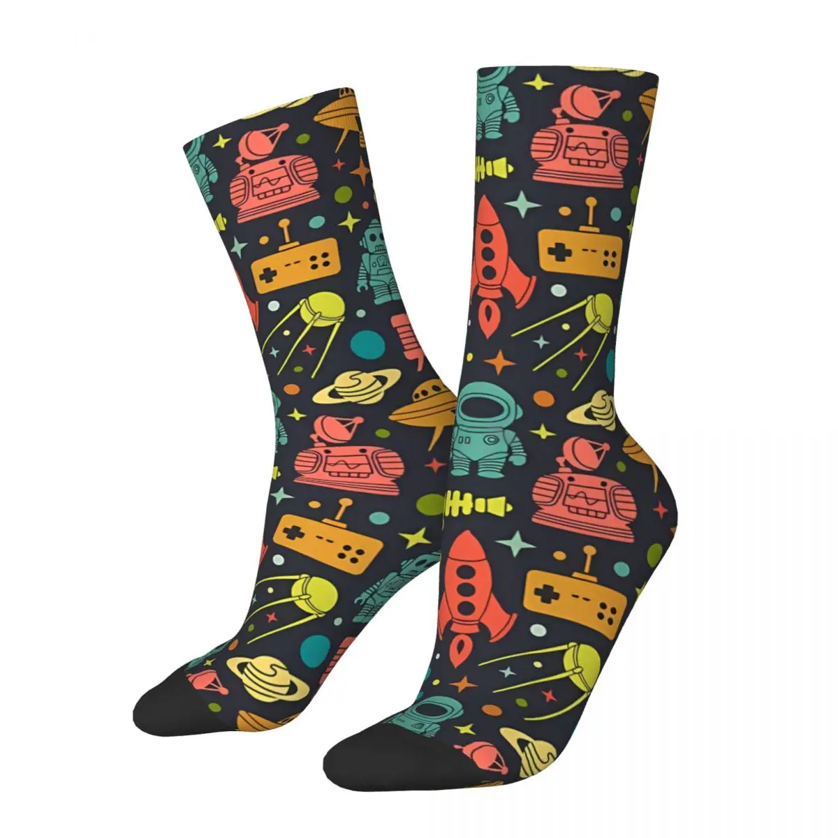 Funny Crazy Sock for Men Sci-fi Robots And Space Vintage Alien And UFO Pattern Breathable Pattern Printed Crew Sock Casual Gift