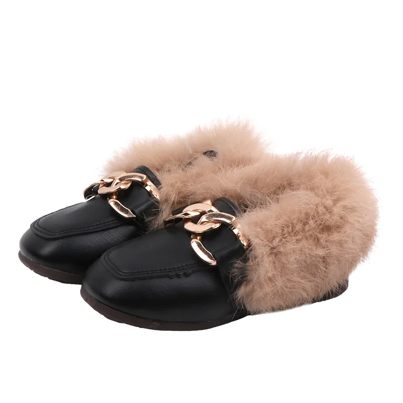 Children's Winter Cotton Shoes Warm Plush Fluffy Fur Girls Flats Toddler Loafers With Metal Chains Fashion Comfortable Kids Shoe