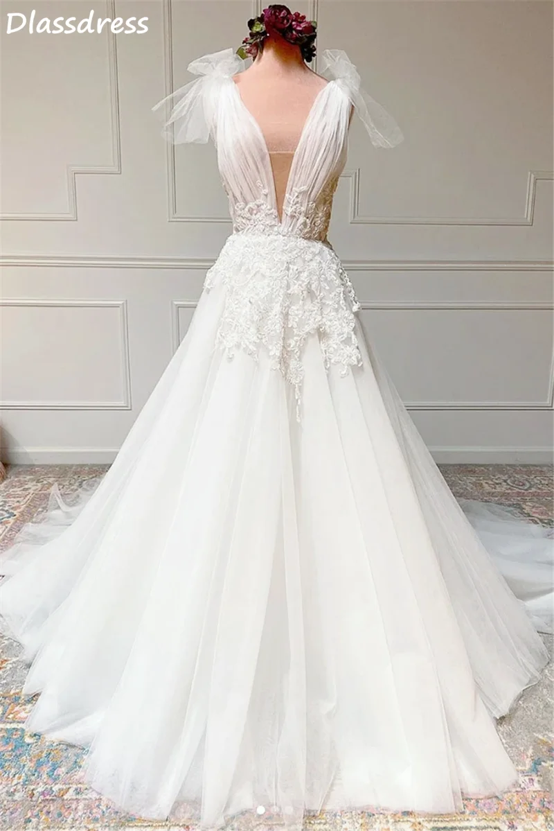 2022 neue Reine Weiß Abendkleid Für Hochzeit Accasion Einfache Appliques A-line Sweep Zug V-ausschnitt Backless Prom вечерние платья