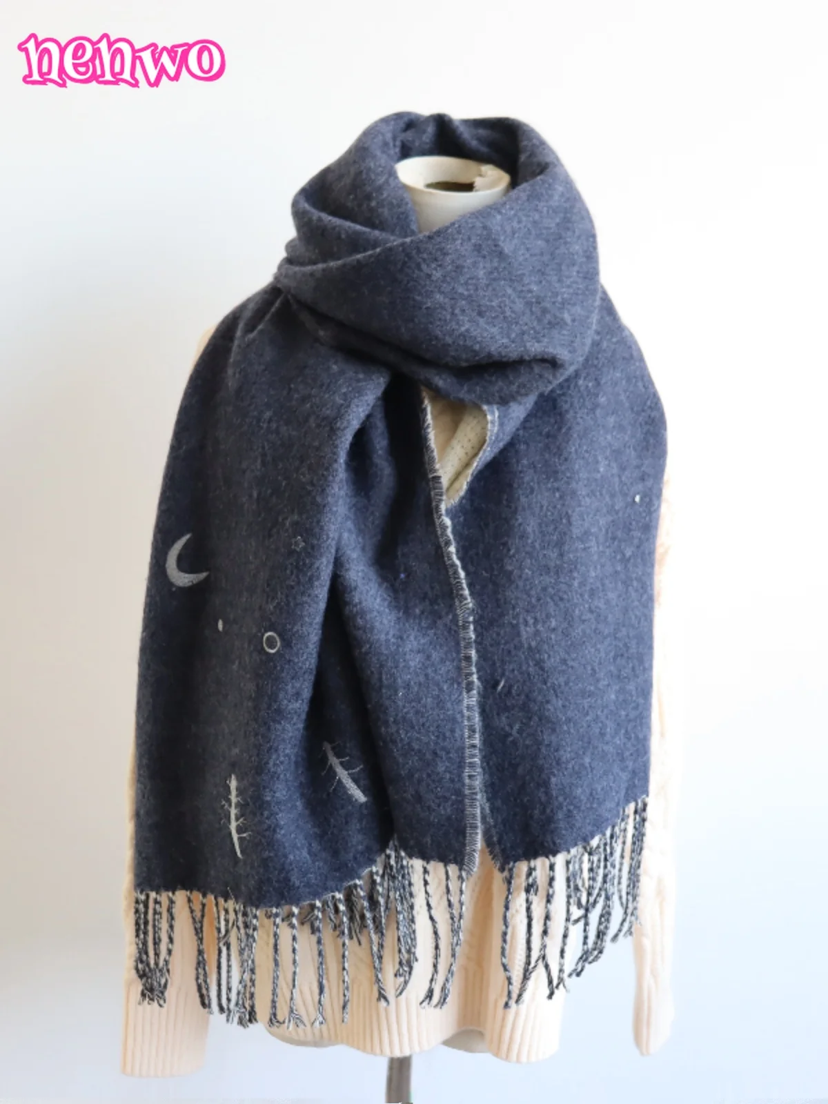 

Шарф-шаль, однотонная утолщенная двусторонняя шаль с вышивкой, зимняя теплая офисная верхняя одежда, темно-синяя, серая серия