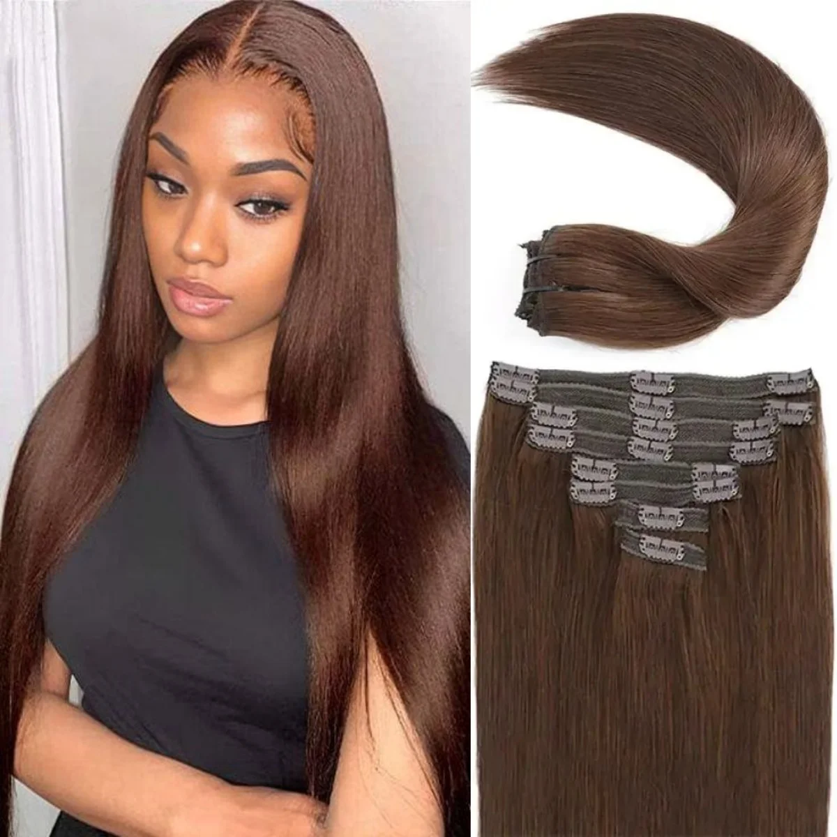 Extensions de Cheveux Humains Brésiliens Remy Lisses à réinitialisation, Soyeux, Brun Foncé, Tête Complète, 120g, 8 Pièces, pour Femme Noire, Document #4