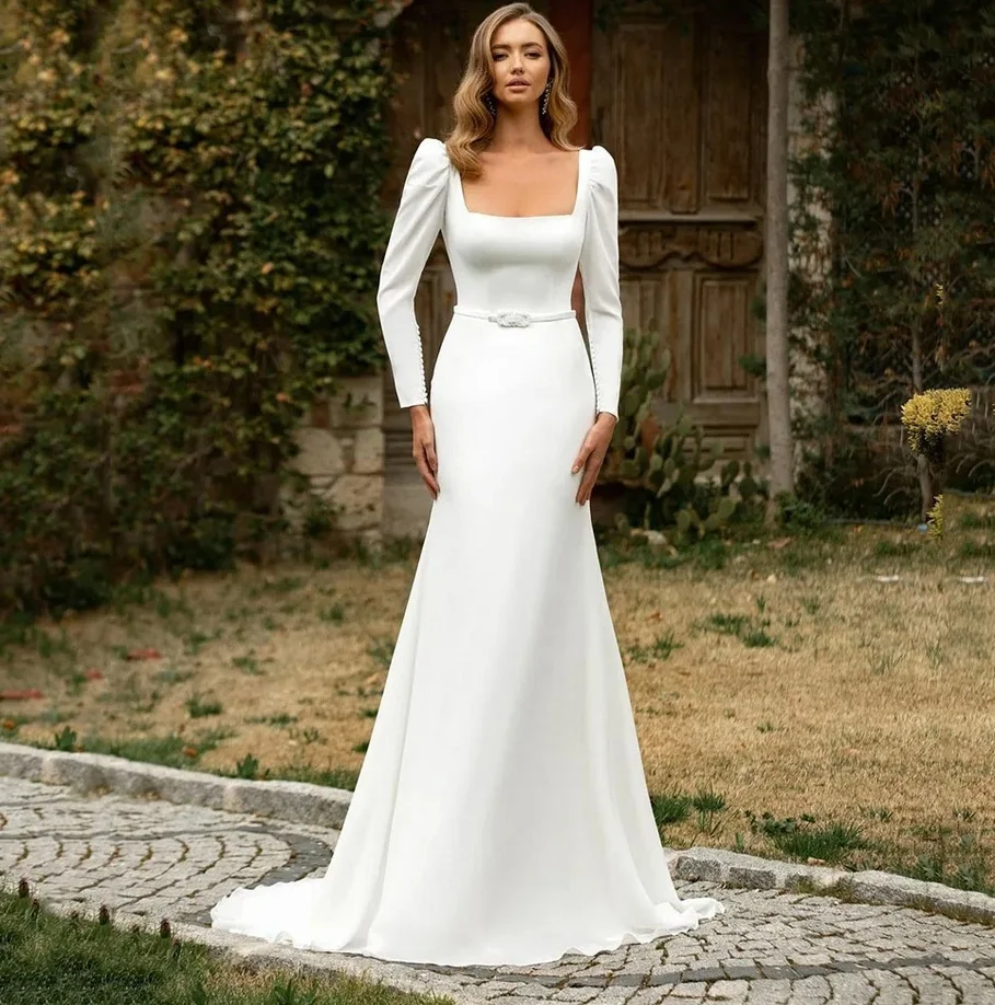 Customize To Measures Wedding Dress Vintage Modern Country Mermaid Wedding Dress With Belt Square Collar Long Sleeves Backless E