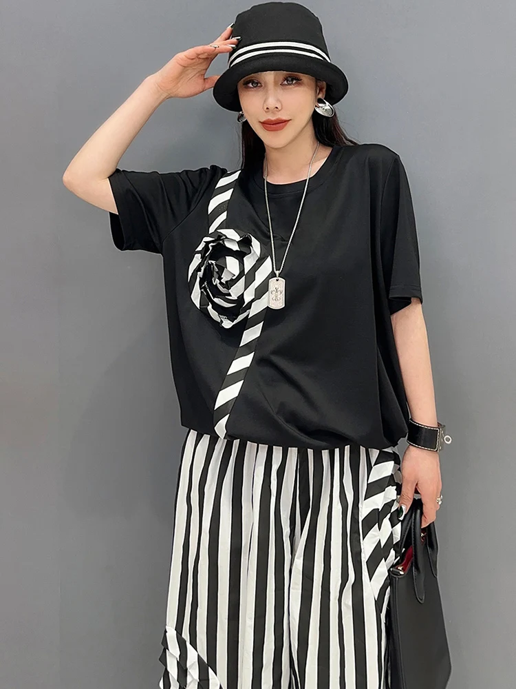 SHENGPALAE 2024 Spring New Casual Set Classic Black White Stripe Short Sleeve T-shirt Wide Leg Skirt Pants 2 Piece Set 5R9658