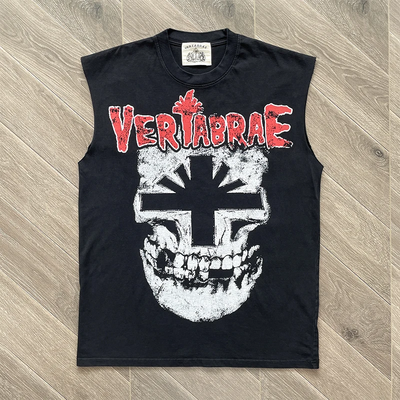

Vertabrae Tank High Street Хип-хоп Крест Череп Буквы Ничего Withow Хлопковая повседневная футболка с принтом Спортивный жилет для мужчин и женщин