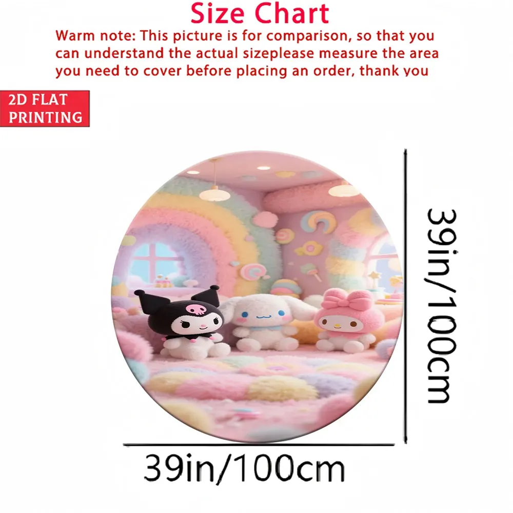 

Мягкий круглый коврик для детской комнаты, с принтом персонажей Sanrio и радужной конфетной страны, 2D, плоский, 100 см, нескользящий, для детской комнаты D