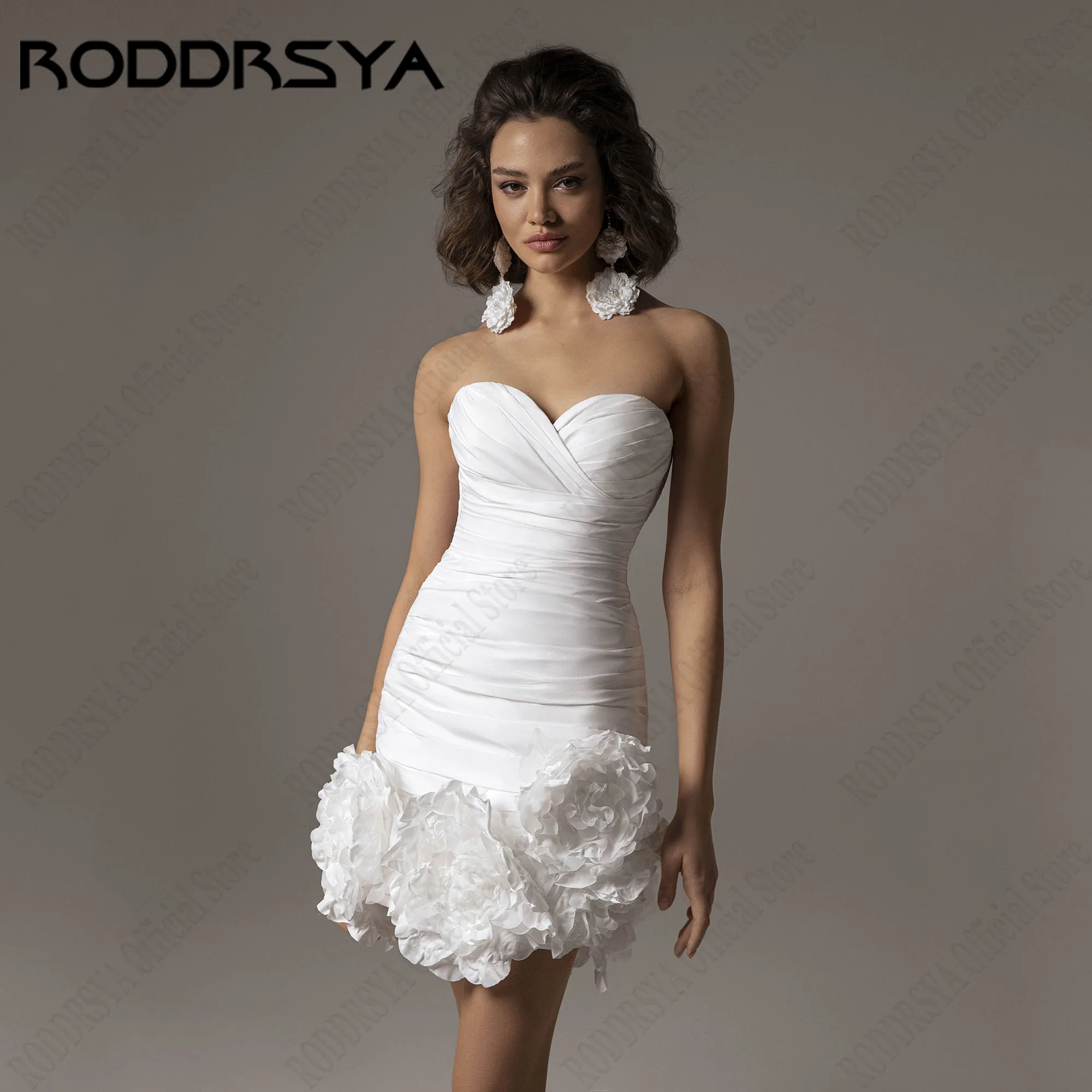 

RODDRSYA Simple Short Satin Wedding Dresses With 3D Flowers Strapless Mermaid Party Gowns Sleeveless robe de mariée Customized