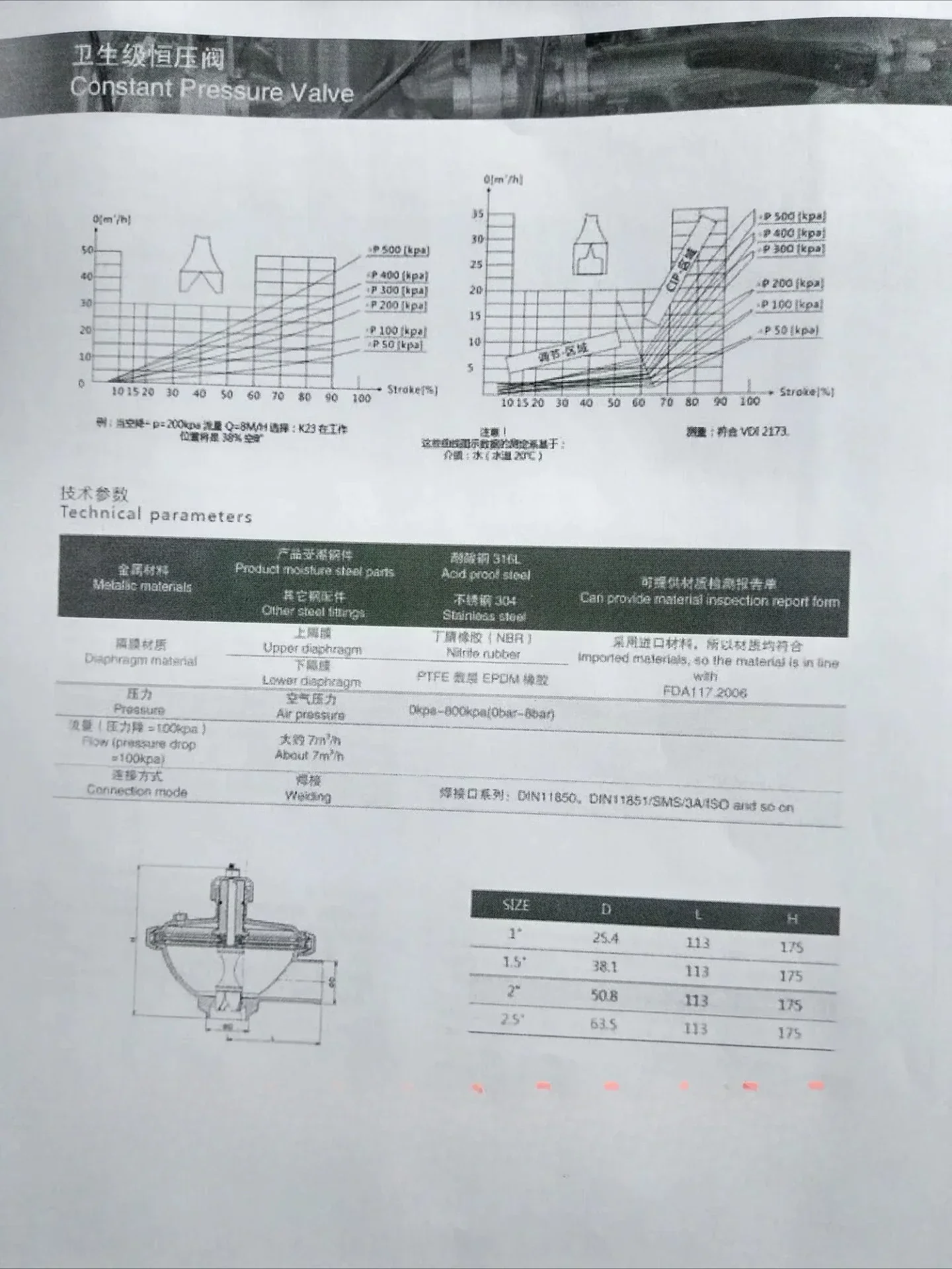 Sanitary pneumatic constant pressure valve, diaphragm diameter 182 PTFE + EPDM material