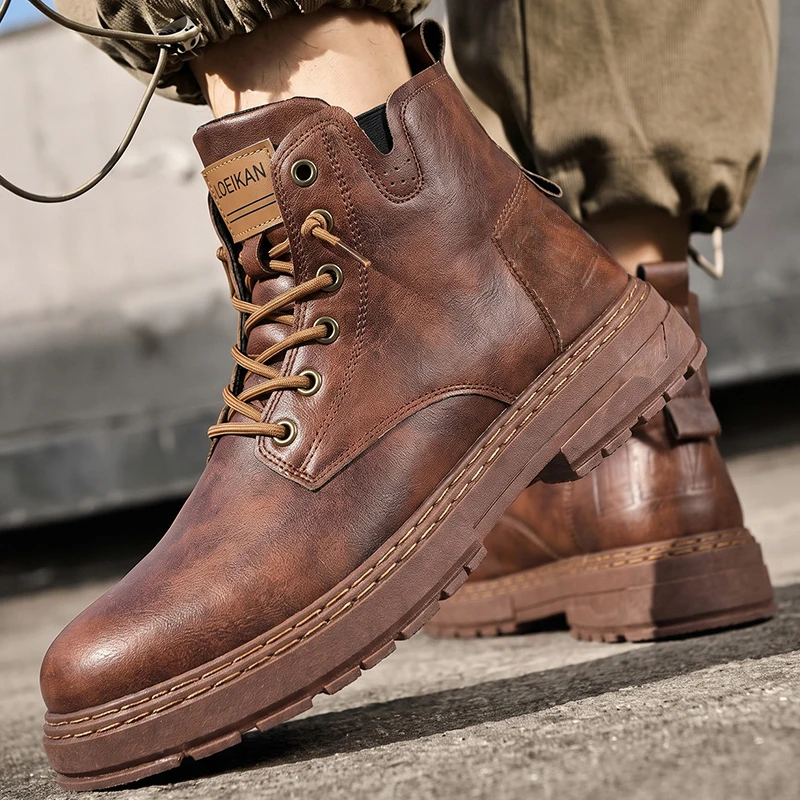 Herren High-Top Freizeitstiefel aus Kunstleder mit Schnürung, dicker rutschfester Blocksohle und genähten Details für den täglichen Einsatz in der Stadt. – Detail 8