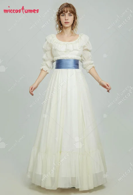 Miccostumes Women Renaissance Medieval Costume Rococo Dress White Ruffle Dress with Belt