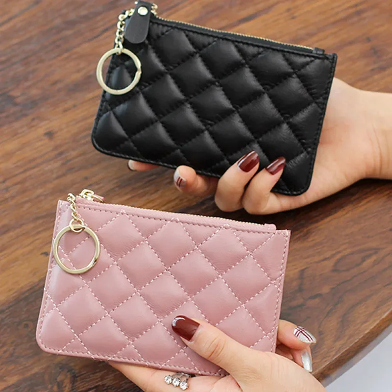 Unisex Coin Wallet Key Chain PU Leather Zip Fashion Small Purse Money Designer Diamond Pattern Short Change Pouch Coin Purses