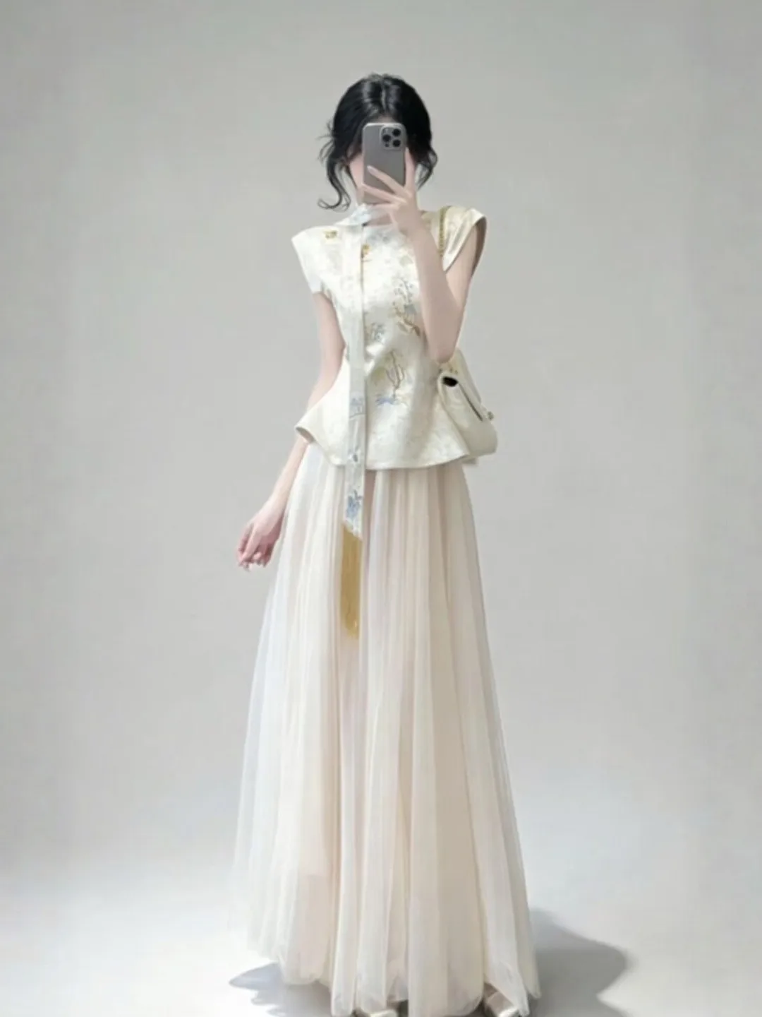 

Elegant Gentle Wind Semi-Body Skirt Set Comfortable Summer Outfit Floral Print Sleeveless round Neck T-Shirt Net Material