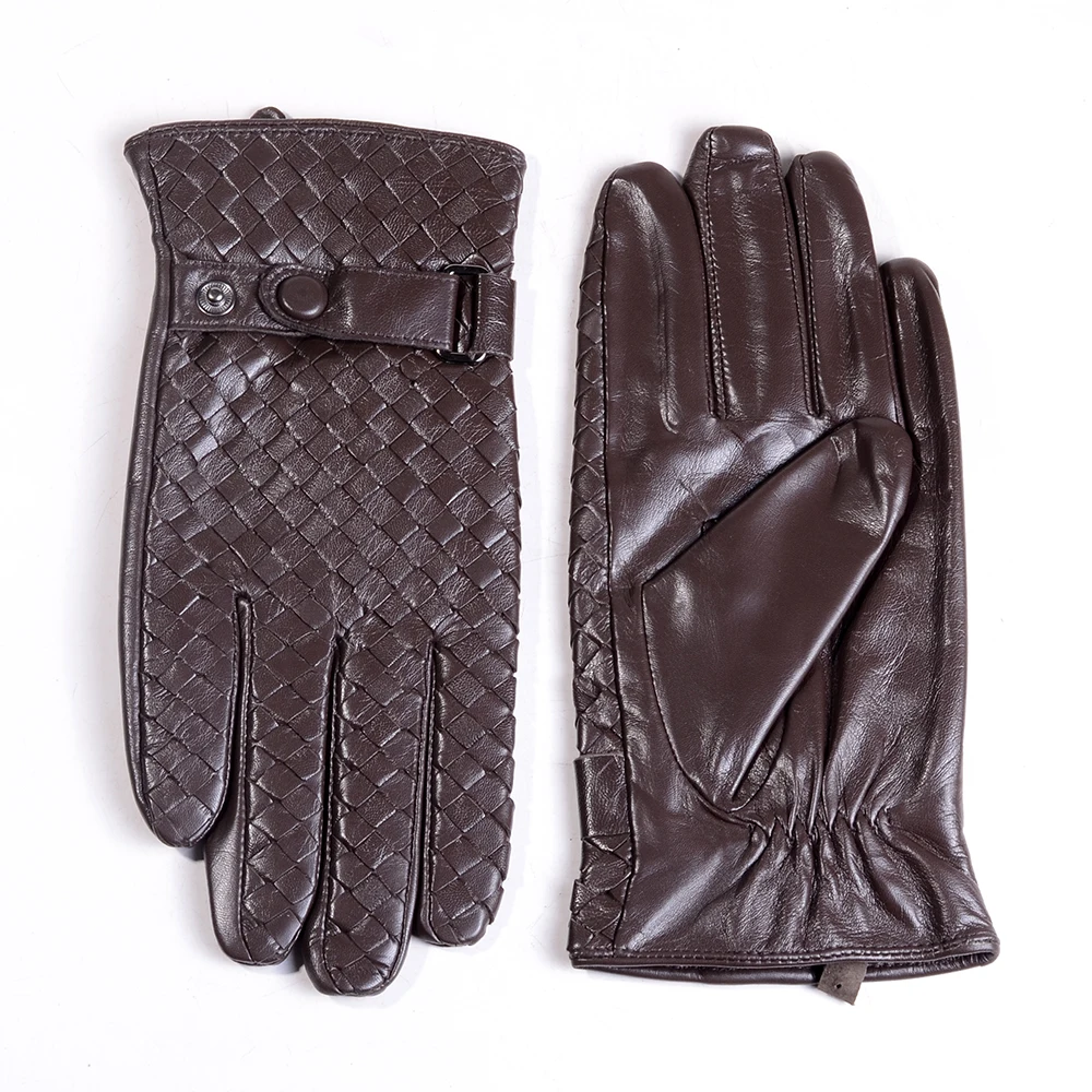 

Men's 100% Real Leather Winter Warm Formal Woven Design Lambskin Goatskin Classical Driving Riding Touch Screen Short Gloves