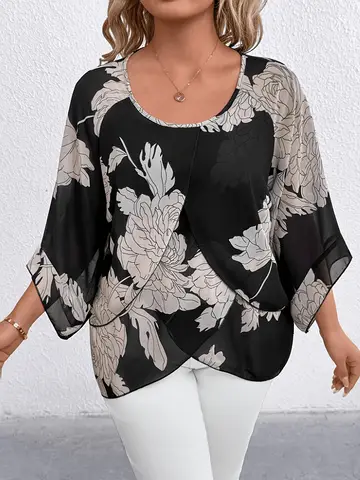 Chemisier en mousseline imprimé pivoine noir et blanc, grande taille, col rond ample, manches 3/4, haut fluide double couche