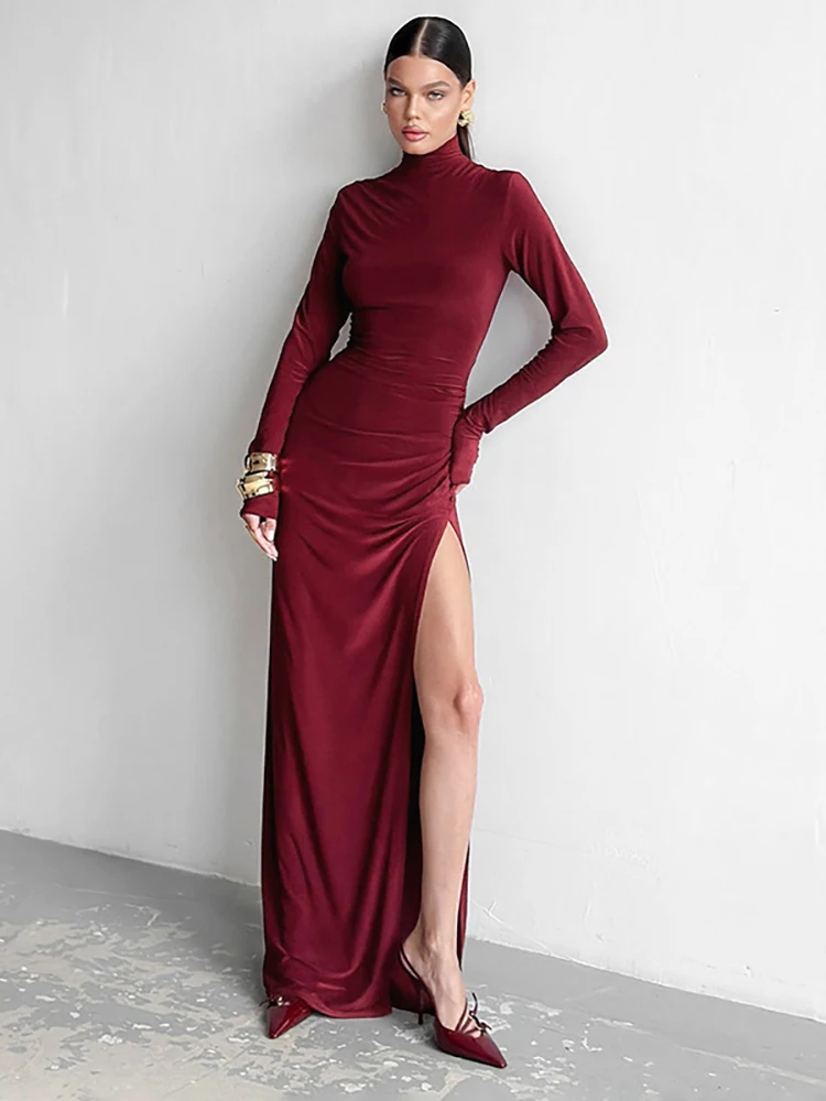 

JULISSA MO Turtleneck Sexy High Slit Maxi Dress For Women Black Long Sleeve Evening Dress Female Winter Slim Elegant Party Dress