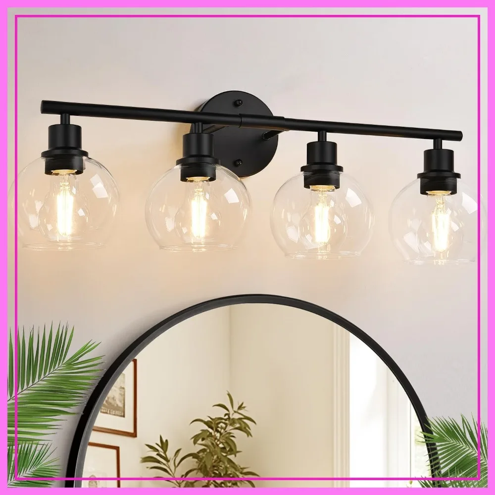 

4-Light Bathroom Light Fixtures, Black Vanity Lights with Clear Glass Shade, Modern Wall Sconces for Mirror, Kitchen, Hallway, Bedroom, Porch