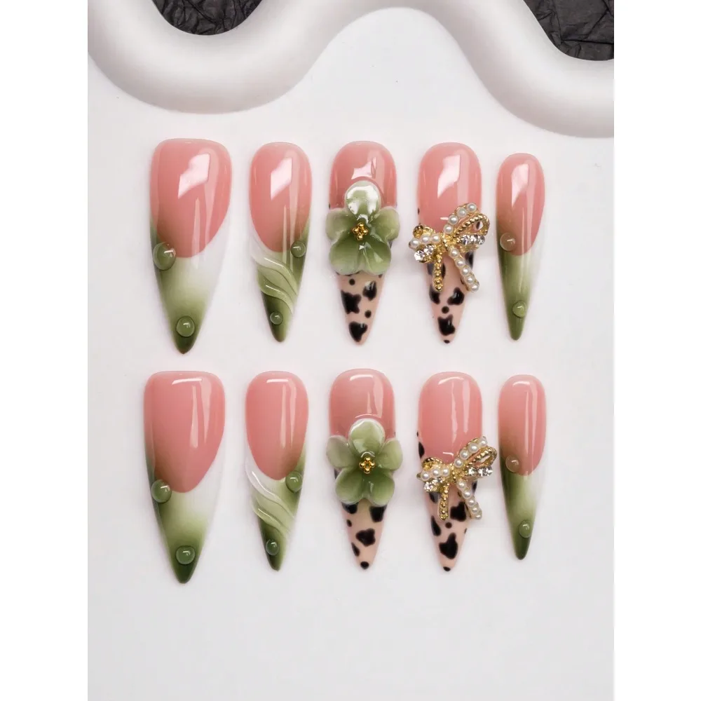 

Handmade Almond-Shaped Press-On Nails With Y2K Baddie Style, Featuring Nude, Green, And White Nail Plates With Cream Tip, Tie Dye, Floral Embellishments, Water Drops, And Bow Designs. Designed For Women And Girls, 10Pcs/Set With 3 Size Options, Suitable F