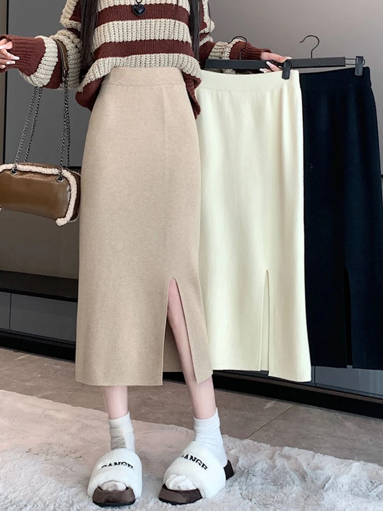 Camere Knitted A-Line Skirt Women's Slim Fit High Waist Long Skirt Autumn Winter Straight Tube Split Wrap Bodycon Dr