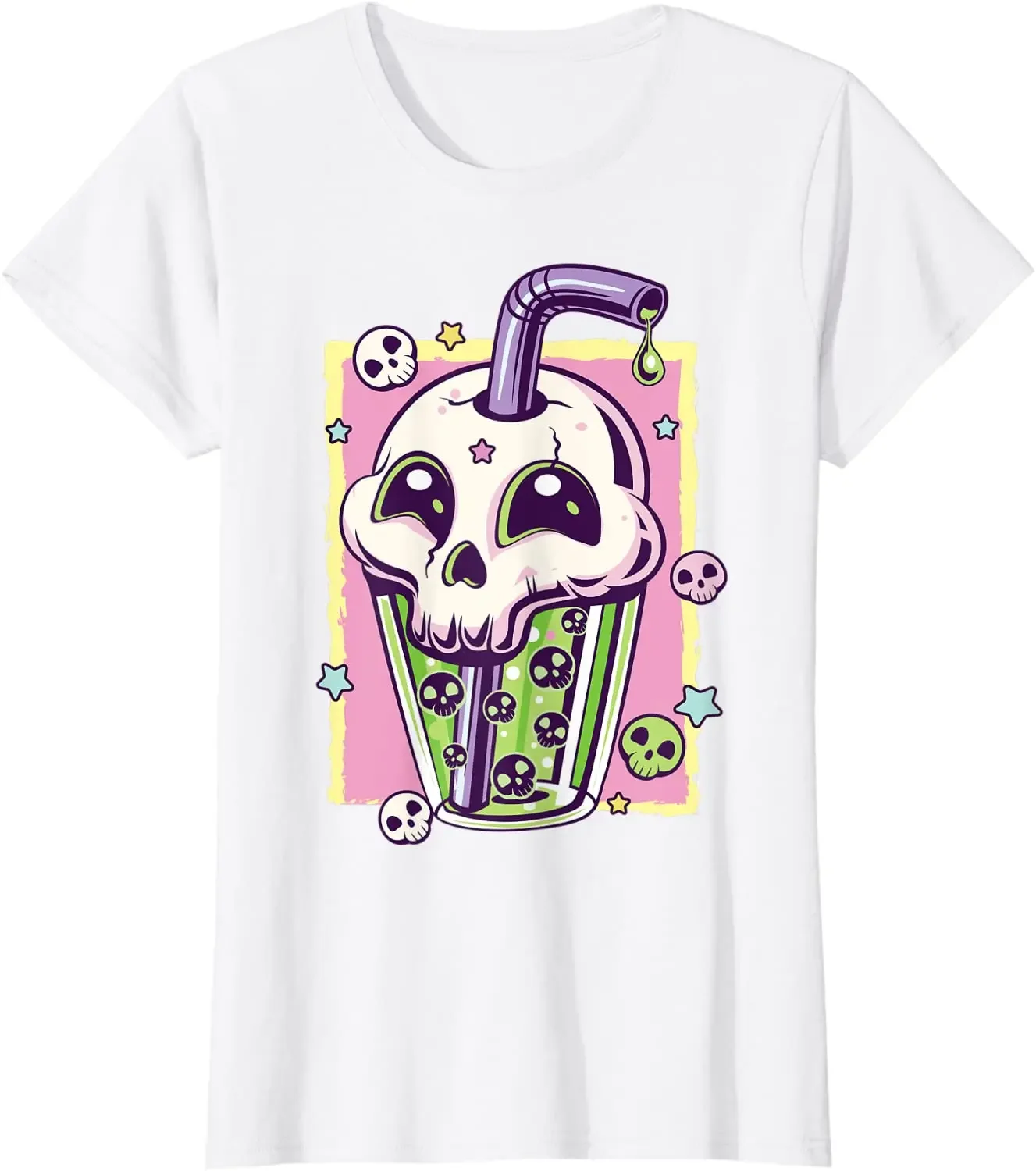 Kawaii Pastel Goth Creepy Skull Boba Bubble Tea Vaporwave T-Shirt Women Men Harajuku Aesthetic Tops Unisex Oversized