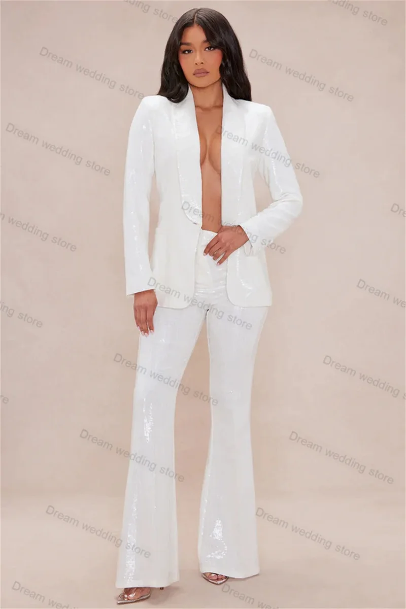 

White Sequins Women Suit Pants Set 2 Piece Shiny Blazer+Trousers Formal Office Lady Jacket Luxury Coat Wedding Tuxedo Customized