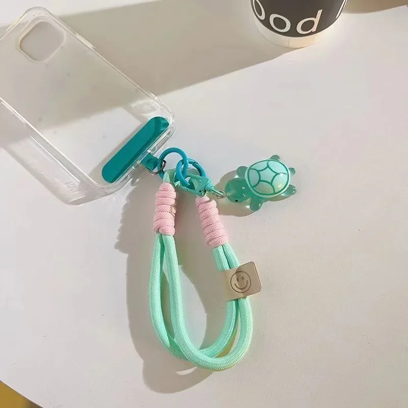 Correa de teléfono trenzada universal con diseño de tortuga de dibujos animados, cadena colgante con anillo y cordón con parche, correa de muñeca desmontable 5
