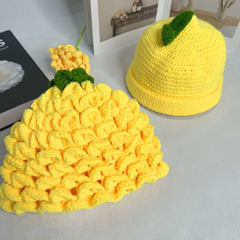 Trendy Novelty Fruit Handmade Crochet Lemon Pineapple Knitted Hats Cartoon Cute Funny Cotton Skull Hats Fashion Head Accessory
