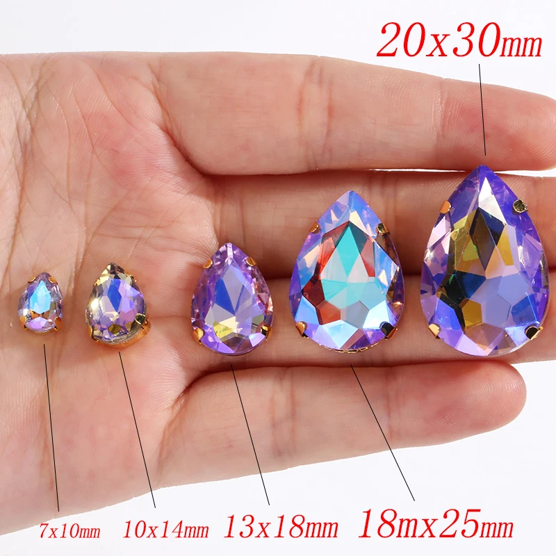 Glass Colorful Water Drop Shape Stones Rhinestones With Claw Sew On Crystal Diamond Metal Base Buckle Wedding Dress Decoration