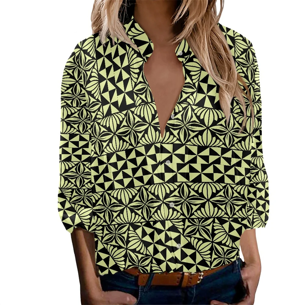 

Fall Women Long Sleeve Casual Button Down Shirt Ladies Shirts Polynesian Tribal Clothing Samoan Tapa Print Custom Blouse