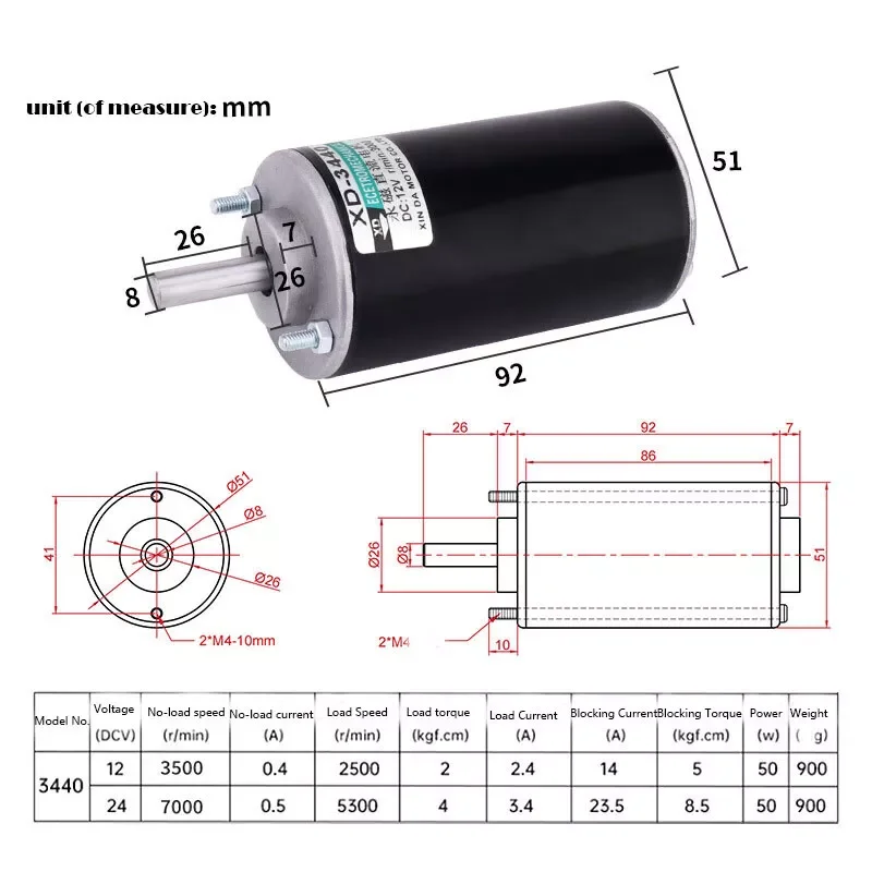 XD-3440 12V 24V 50W DC High Speed Motor Can Adjust Speed CW CCW High Torque Suitable for Mower Micro Motor 3000/6000RPM