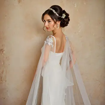 งานแต่งงาน Bolero เจ้าสาว Cape Veil อุปกรณ์จัดงานแต่งงานเสื้อคลุมยาวผ้าคลุมไหล่นุ่ม Evening Cape Jacket สเปนปักผ้าคลุมไหล่ GP14