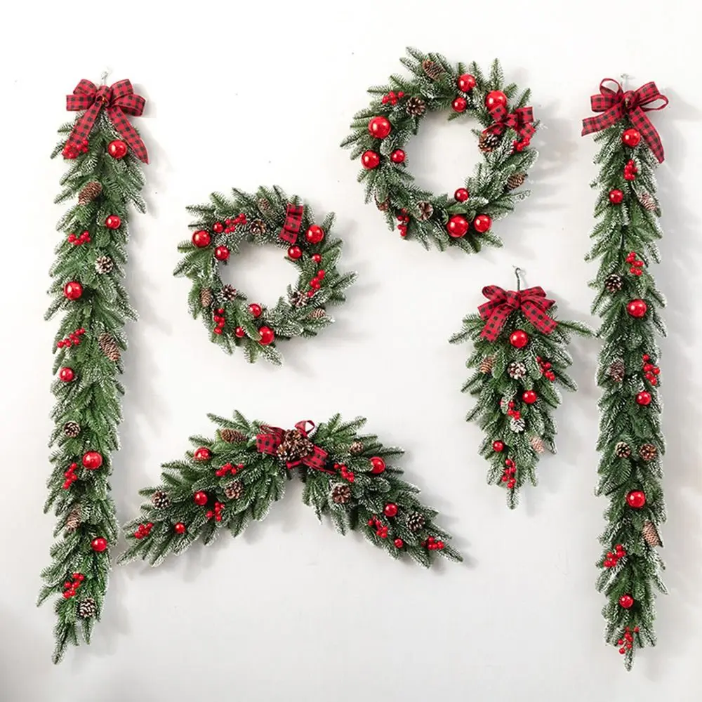 

DIY Artificial Christmas Wreath Pinecones Vibrant Red Berries Window Hanging Decor PVC Bowknot Wall Hanging Floral Wreath