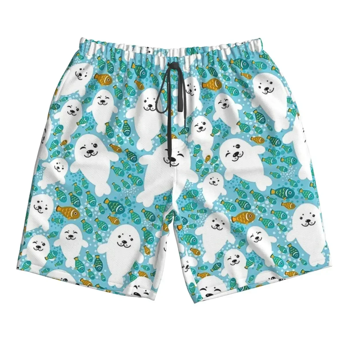 Kawaii Cute Seal And Fish In Water Trunks Beach Board Shorts Casual Quick Dry Swimming Summer Men Pants