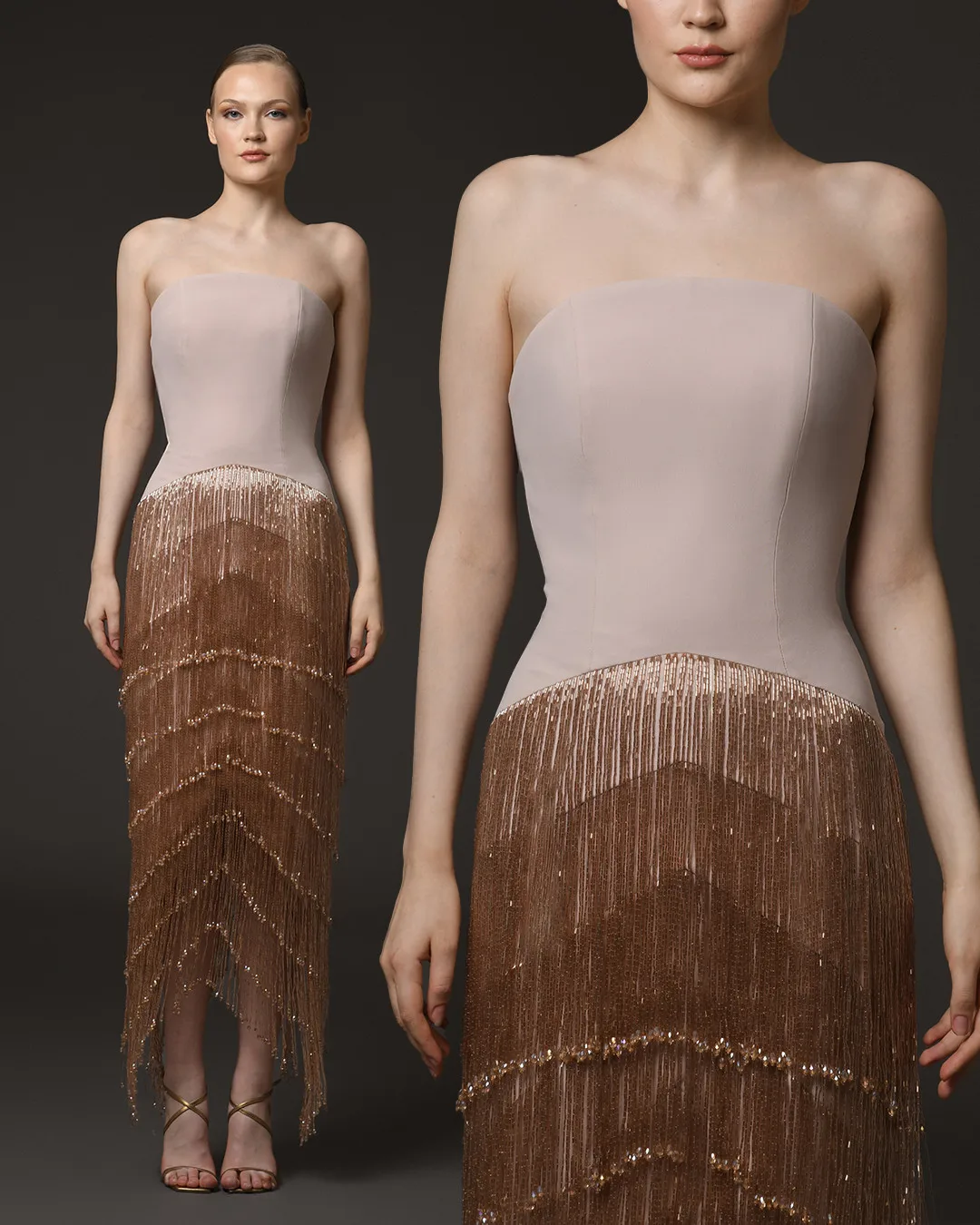 

Ofherown Elegant Strapless Beaded Tassel Midi Evening Dress Women Prom Gowns Cocktail Party Gown Customized