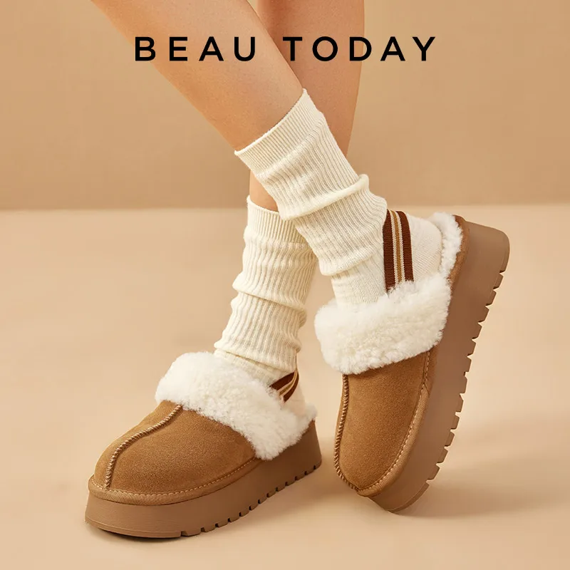 BEAUTODAY Cow Suede Ultra Slippers Women Leather Round Toe Back Elastic Band Sewing Designer Plush Winter Shoes Handmade 37081