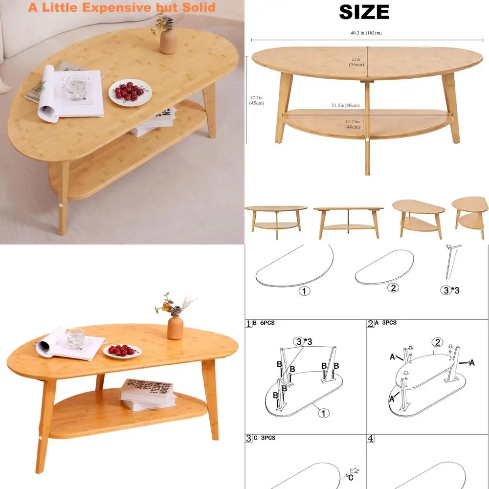 

Mid-Century Oval Wood Coffee Table with Storage, 2-Tier Display, Minimalist Living Room Furniture, 40.2x22x17.7, Easy Assembly