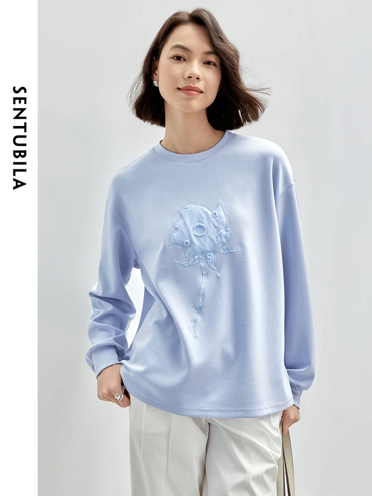 SENTUBILA Patch Embroidery Sweatshirt Fall Women Cotton Knit Pullover Loose Fit Casual Crew Neck Long Sleeve Tops 143A56380