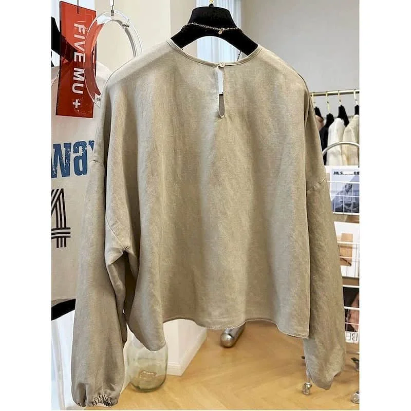 T-shirt da donna sportive O-collo oversize lettera stampata top vintage casual stile americano grembiule manica lunga autunno abbigliamento donna