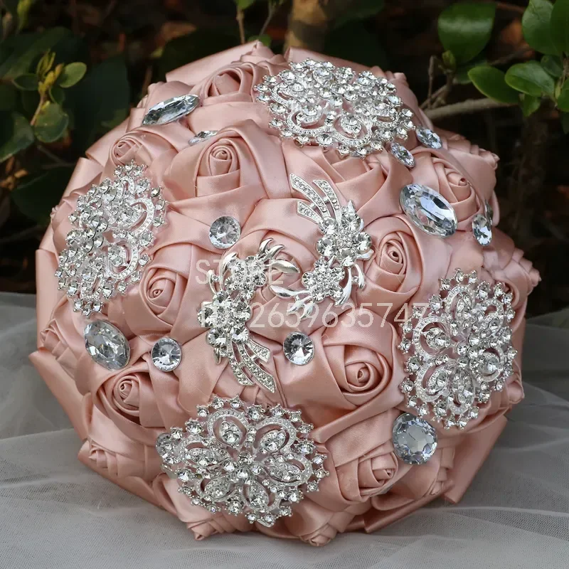 for European American Brides Bridesmaids Wedding Bouquet Rhinestone Ribbon Rose Handmade Church Decoration W317H