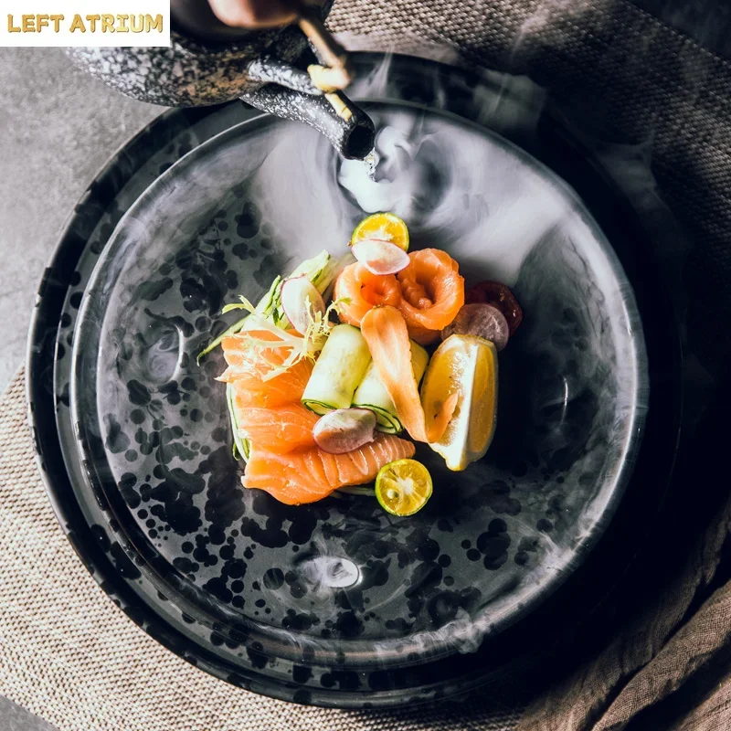 Creative Ceramic Sashimi Dry Ice Plate Special Seafood Sushi Restaurant Matte Black Dinner Plate High-grade Flat Dish In Hotel