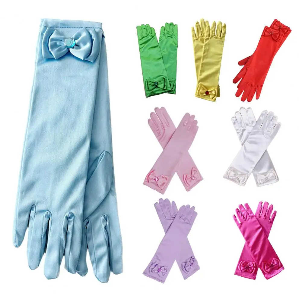 Guantes largos para niños, manoplas de dedo completo con lazo de lentejuelas satinadas, accesorios de actuación de baile de princesa, 1 par