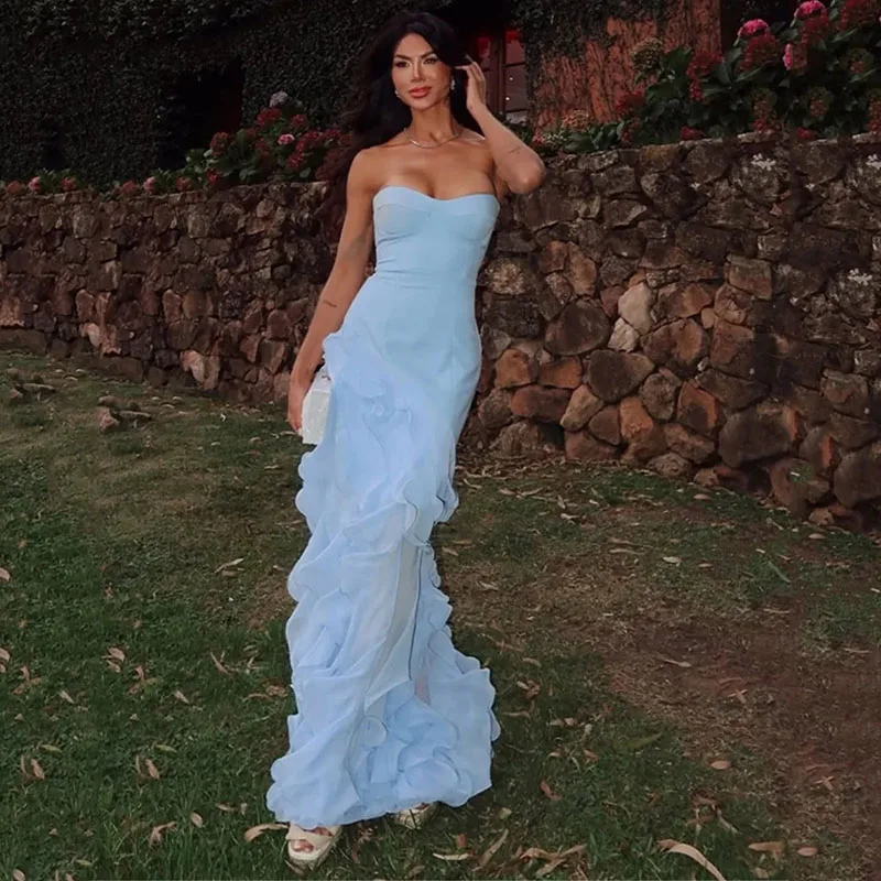 LAYXHS Elegant ชุดราตรีผู้หญิงสีฟ้า Strapless Tiered Ruffle ชุดราตรีที่กําหนดเอง robes de soirée