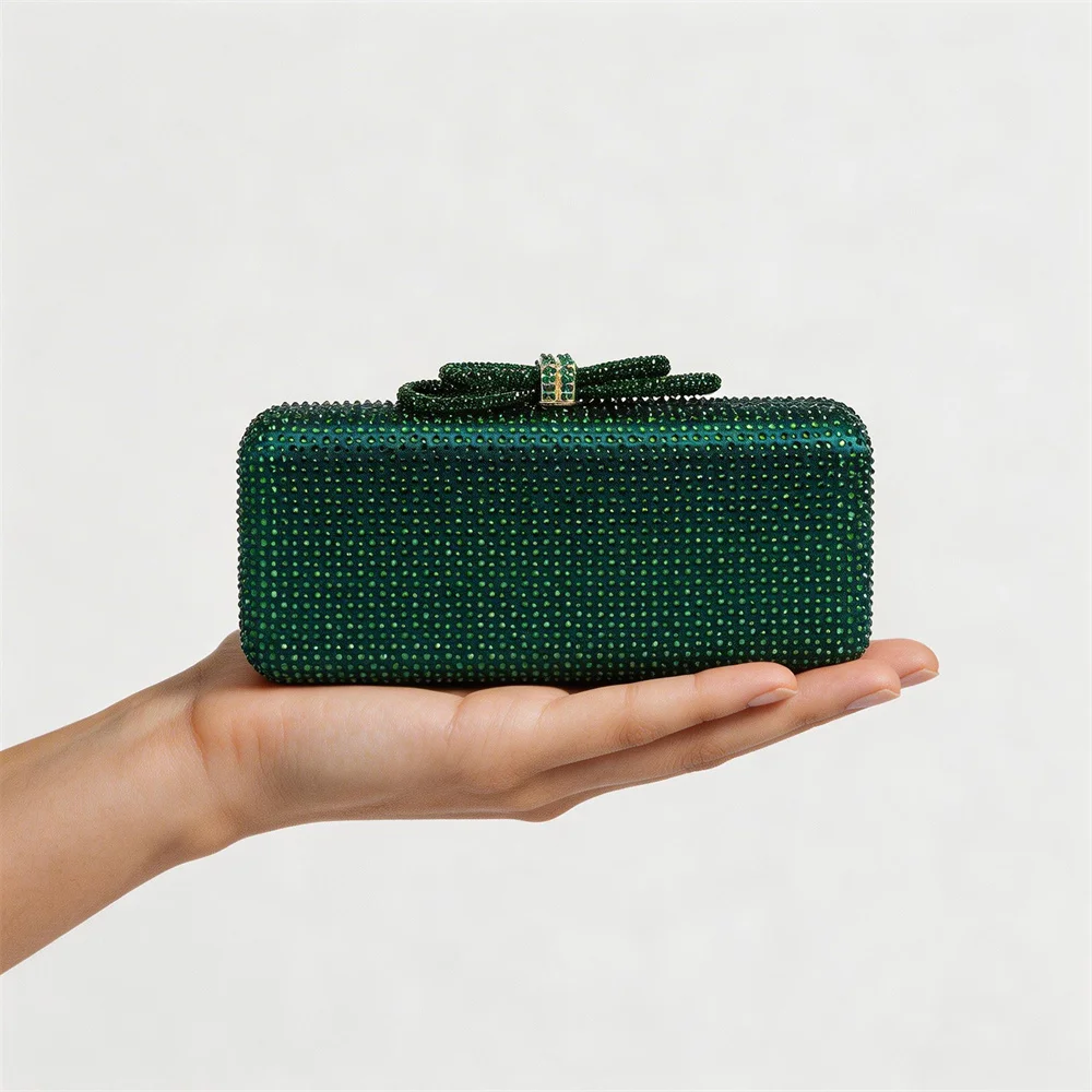 Rhinestone Diamonds Purse Women Long Lady Box Evening Clutch Bag Bow Wedding Purse Party Crossbody Date Handbag Cystal  Bride