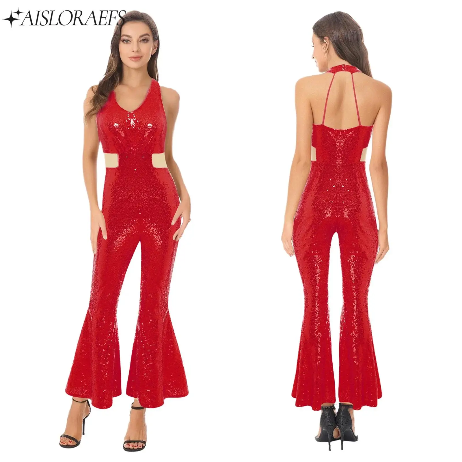 

Women Shiny Sequins Club Rompers Sleeveless Backless Mesh Ruffled Bell Bottom Jumpsuits Bodysuits for Jazz Raves Party Dancewear