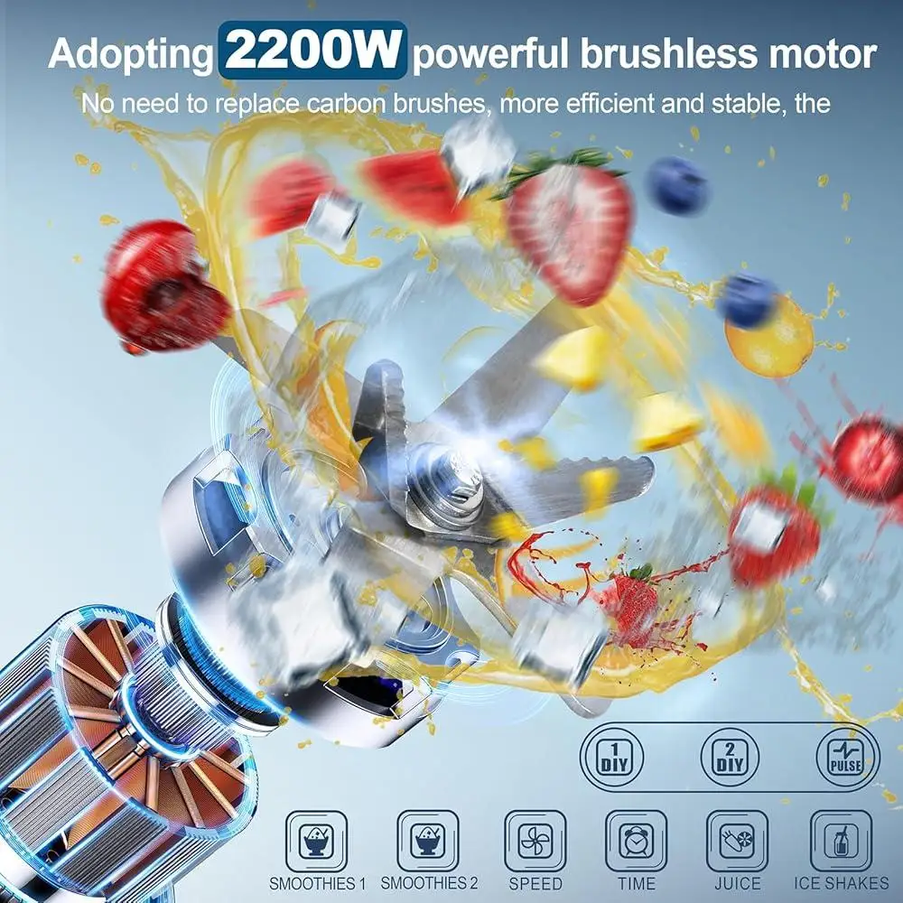 خلاط تجاري 2200 وات، محرك هادئ بدون فرشاة، خلاط كونترتوب ذاتي التنظيف، متعدد السرعات، عصائر عصير الآيس كريم