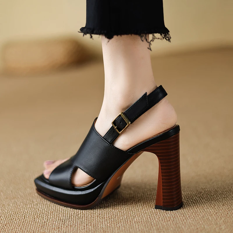 【JOCHEBED HU】Handmade Genuine Leather Summer One-button Thick Open Toe Sexy Professional High Heels Temperament Female Sandals