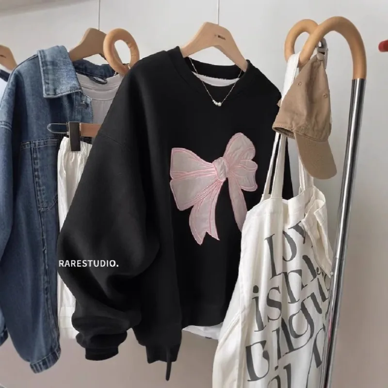 جديد رمادي تنوعا القوس المطرزة جولة الرقبة فضفاضة طويلة الأكمام Hatless البلوز قمة بسيطة #4