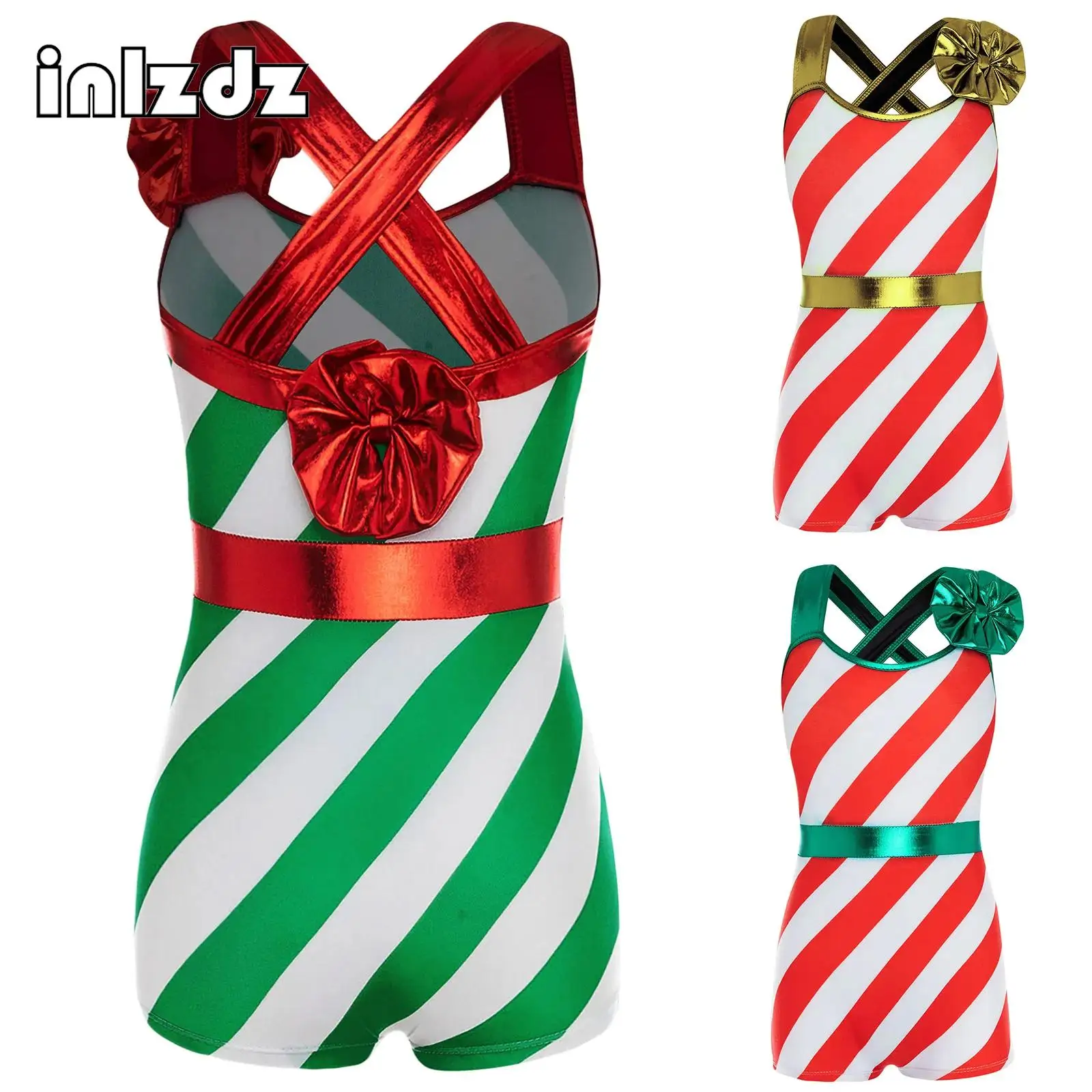 

Girls Stripes Bowknot Candy Cane Christmas Xmas Dance Costume Sleeveless Short Jumpsuit Dress for Fancy Dress Up New Year Party