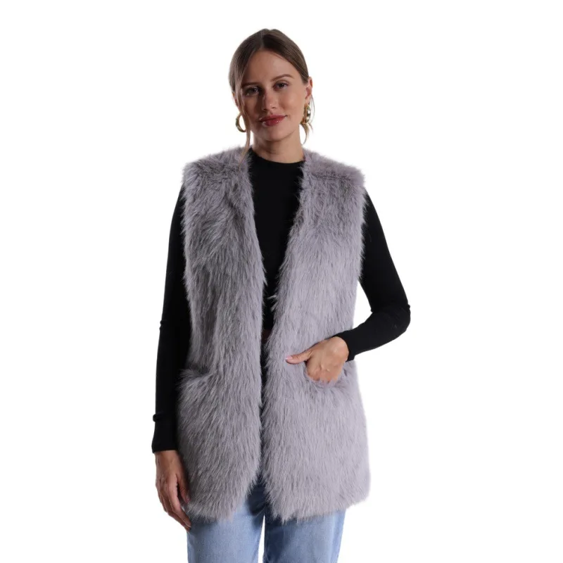 Faux Fur Women Vest Coats Thick Warm Vests Coat Casual V Neck Sleeveless Open Stitch Elegant Jackets Outerwear Autumn Winter