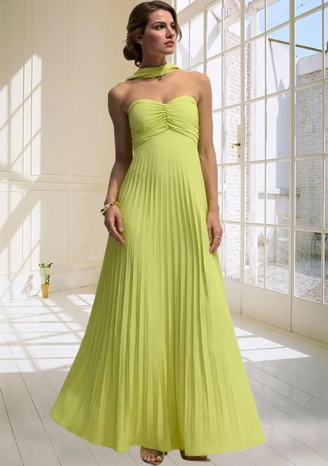 ชุดเพื่อนเจ้าสาวผ้าชีฟองยาวทรงพลีทพร้อมผ้าพันคอ ทรงเอไลน์ สายเดี่ยว ชุดราตรีสำหรับแขกในงานแต่งงาน ชุดราตรีงานเลี้ยง ชุดออกงานพรอม