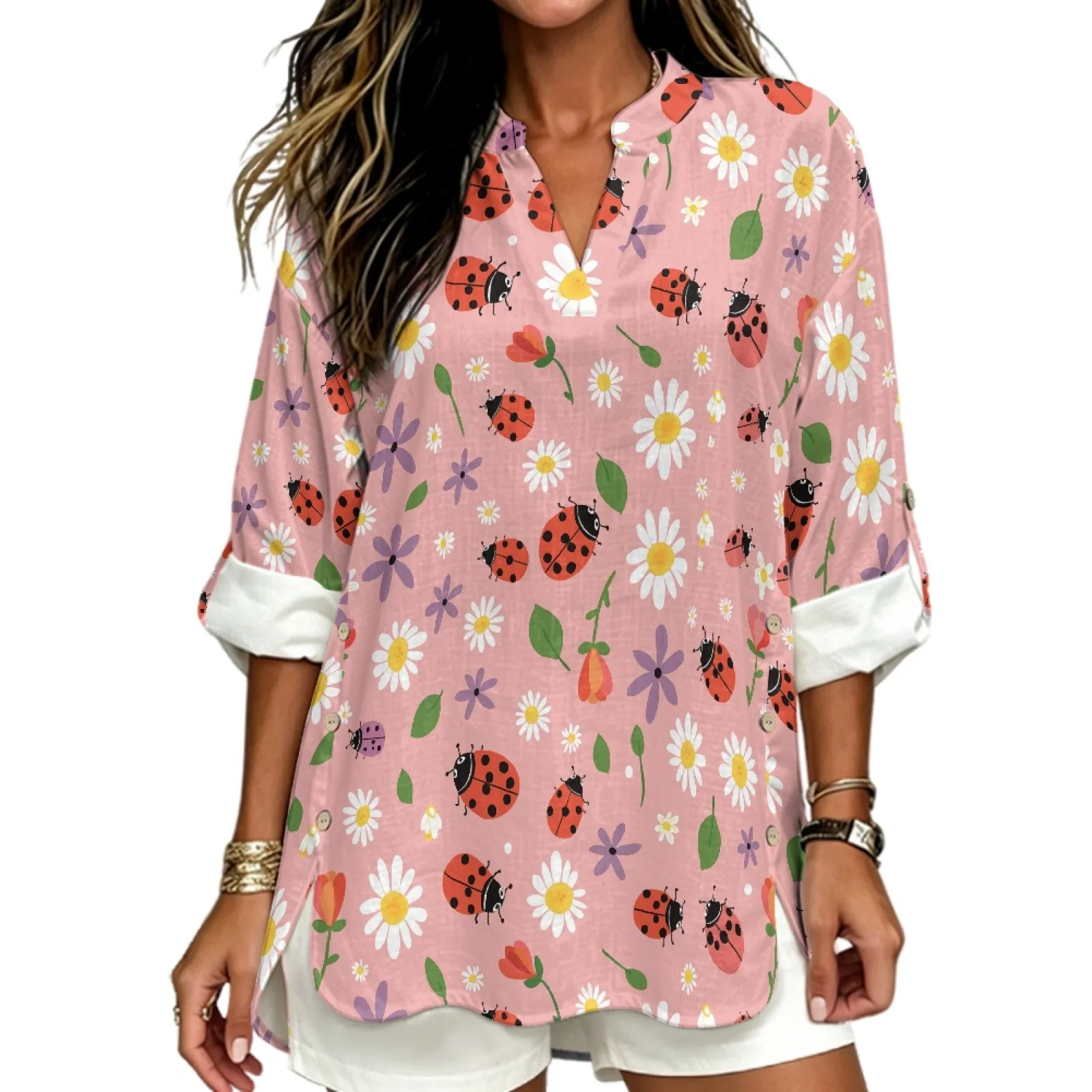 PENSTROLL Stylish Linen Like Long Sleeve Blouses 3/4 Sleeve Women's Blouse for Outdoor Ladybug