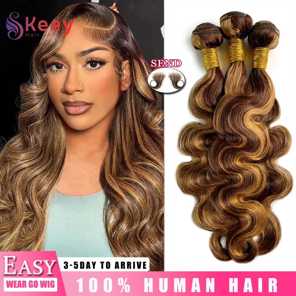 16A 블론드 하이라이트 4/27 컬러 바디 웨이브 번들 인모 32인치 4/5피스 컬러 생인모 여성용 헤어 익스텐션